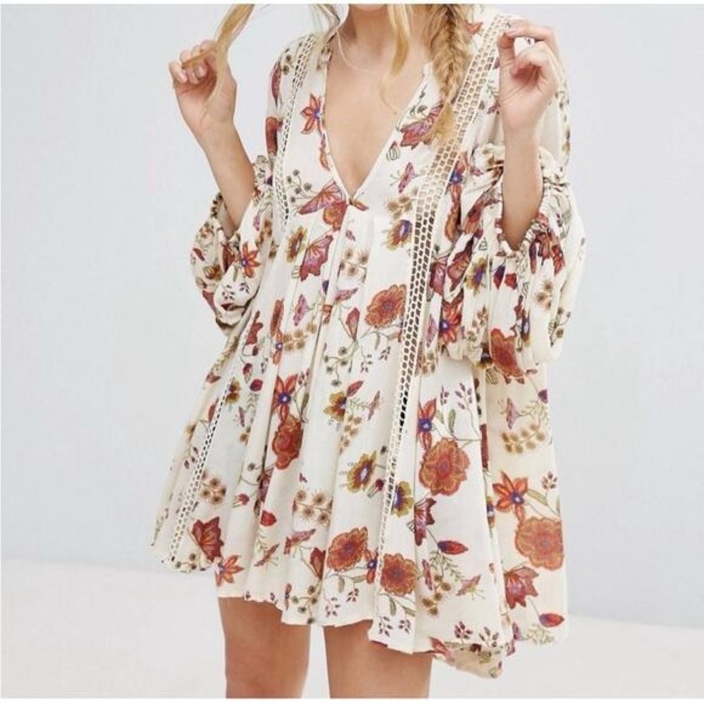 Floral Boho Blouse tunic free people size medium short dress Crochet Details - Picture 4 of 11